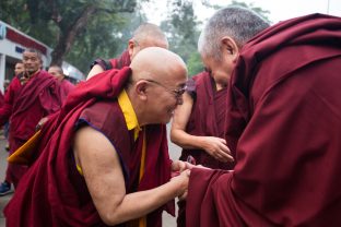 Thaye Dorje, His Holiness the 17th Gyalwa Karmapa, presides over prayers on the opening day of the Kagyu Monlam in Bodh Gaya, India, in December 2019 (Photo/Norbu Zangpo)