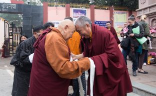 Thaye Dorje, His Holiness the 17th Gyalwa Karmapa, presides over prayers on the opening day of the Kagyu Monlam in Bodh Gaya, India, in December 2019 (Photo/Norbu Zangpo)