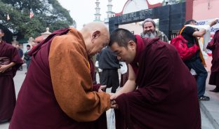 Thaye Dorje, His Holiness the 17th Gyalwa Karmapa, presides over prayers on the opening day of the Kagyu Monlam in Bodh Gaya, India, in December 2019 (Photo/Norbu Zangpo)