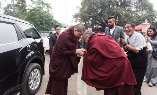 Thaye Dorje, His Holiness the 17th Gyalwa Karmapa, presides over prayers on the opening day of the Kagyu Monlam in Bodh Gaya, India, in December 2019 (Photo/Norbu Zangpo)