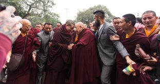 Thaye Dorje, His Holiness the 17th Gyalwa Karmapa, presides over prayers on the opening day of the Kagyu Monlam in Bodh Gaya, India, in December 2019 (Photo/Norbu Zangpo)