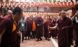 Thaye Dorje, His Holiness the 17th Gyalwa Karmapa, presides over prayers on the opening day of the Kagyu Monlam in Bodh Gaya, India, in December 2019 (Photo/Norbu Zangpo)