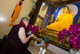 Thaye Dorje, His Holiness the 17th Gyalwa Karmapa, presides over prayers on the opening day of the Kagyu Monlam in Bodh Gaya, India, in December 2019 (Photo/Norbu Zangpo)