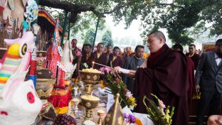 Thaye Dorje, His Holiness the 17th Gyalwa Karmapa, presides over prayers on the opening day of the Kagyu Monlam in Bodh Gaya, India, in December 2019 (Photo/Norbu Zangpo)