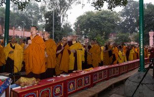 Thaye Dorje, His Holiness the 17th Gyalwa Karmapa, presides over prayers on the opening day of the Kagyu Monlam in Bodh Gaya, India, in December 2019 (Photo/Norbu Zangpo)