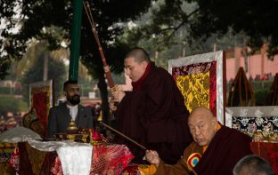 Thaye Dorje, His Holiness the 17th Gyalwa Karmapa, presides over prayers on the opening day of the Kagyu Monlam in Bodh Gaya, India, in December 2019 (Photo/Norbu Zangpo)