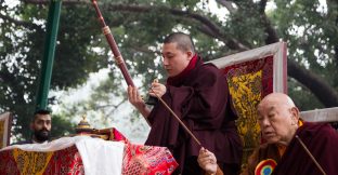 Thaye Dorje, His Holiness the 17th Gyalwa Karmapa, presides over prayers on the opening day of the Kagyu Monlam in Bodh Gaya, India, in December 2019 (Photo/Norbu Zangpo)