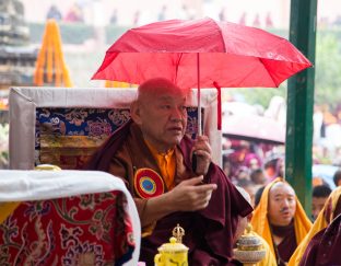 Thaye Dorje, His Holiness the 17th Gyalwa Karmapa, presides over prayers on the opening day of the Kagyu Monlam in Bodh Gaya, India, in December 2019 (Photo/Norbu Zangpo)