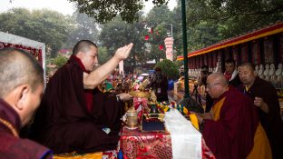 Thaye Dorje, His Holiness the 17th Gyalwa Karmapa, presides over prayers on the opening day of the Kagyu Monlam in Bodh Gaya, India, in December 2019 (Photo/Norbu Zangpo)