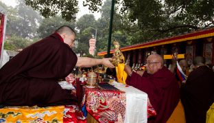 Thaye Dorje, His Holiness the 17th Gyalwa Karmapa, presides over prayers on the opening day of the Kagyu Monlam in Bodh Gaya, India, in December 2019 (Photo/Norbu Zangpo)