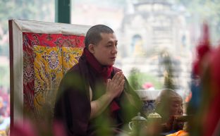 Thaye Dorje, His Holiness the 17th Gyalwa Karmapa, presides over prayers on the opening day of the Kagyu Monlam in Bodh Gaya, India, in December 2019 (Photo/Norbu Zangpo)