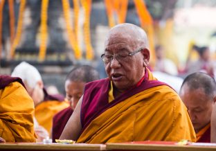 Thaye Dorje, His Holiness the 17th Gyalwa Karmapa, presides over prayers on the opening day of the Kagyu Monlam in Bodh Gaya, India, in December 2019 (Photo/Norbu Zangpo)