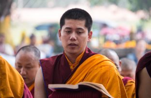 Thaye Dorje, His Holiness the 17th Gyalwa Karmapa, presides over prayers on the opening day of the Kagyu Monlam in Bodh Gaya, India, in December 2019 (Photo/Norbu Zangpo)