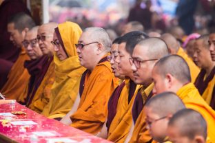 Thaye Dorje, His Holiness the 17th Gyalwa Karmapa, presides over prayers on the opening day of the Kagyu Monlam in Bodh Gaya, India, in December 2019 (Photo/Norbu Zangpo)