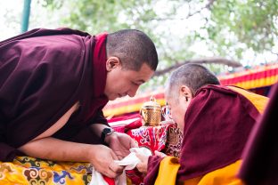 Thaye Dorje, His Holiness the 17th Gyalwa Karmapa, presides over prayers on the opening day of the Kagyu Monlam in Bodh Gaya, India, in December 2019 (Photo/Norbu Zangpo)