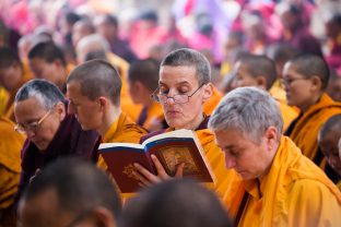 Thaye Dorje, His Holiness the 17th Gyalwa Karmapa, presides over prayers on the opening day of the Kagyu Monlam in Bodh Gaya, India, in December 2019 (Photo/Norbu Zangpo)