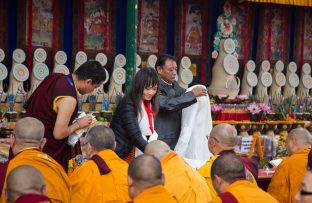 Thaye Dorje, His Holiness the 17th Gyalwa Karmapa, presides over prayers on the opening day of the Kagyu Monlam in Bodh Gaya, India, in December 2019 (Photo/Norbu Zangpo)