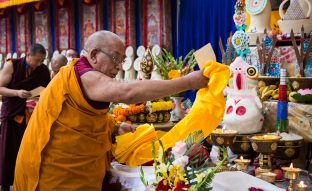 Thaye Dorje, His Holiness the 17th Gyalwa Karmapa, presides over prayers on the opening day of the Kagyu Monlam in Bodh Gaya, India, in December 2019 (Photo/Norbu Zangpo)