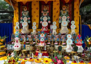 Thaye Dorje, His Holiness the 17th Gyalwa Karmapa, presides over prayers on the opening day of the Kagyu Monlam in Bodh Gaya, India, in December 2019 (Photo/Norbu Zangpo)