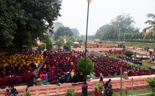 Thaye Dorje, His Holiness the 17th Gyalwa Karmapa, presides over prayers on the opening day of the Kagyu Monlam in Bodh Gaya, India, in December 2019 (Photo/Norbu Zangpo)