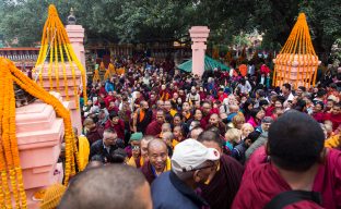 Thaye Dorje, His Holiness the 17th Gyalwa Karmapa, presides over prayers on the opening day of the Kagyu Monlam in Bodh Gaya, India, in December 2019 (Photo/Norbu Zangpo)