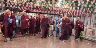 Thaye Dorje, His Holiness the 17th Gyalwa Karmapa, presides over prayers on the opening day of the Kagyu Monlam in Bodh Gaya, India, in December 2019 (Photo/Norbu Zangpo)