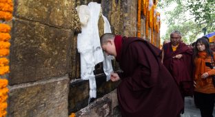 Thaye Dorje, His Holiness the 17th Gyalwa Karmapa, presides over prayers on the opening day of the Kagyu Monlam in Bodh Gaya, India, in December 2019 (Photo/Norbu Zangpo)