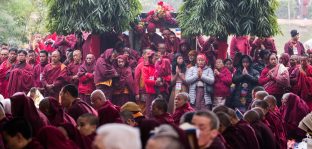 Thaye Dorje, His Holiness the 17th Gyalwa Karmapa, presides over prayers on the opening day of the Kagyu Monlam in Bodh Gaya, India, in December 2019 (Photo/Norbu Zangpo)