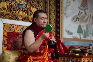 Thaye Dorje, His Holiness the 17th Gyalwa Karmapa, gives a Chenresig empowerment at Karma Temple, Bodh Gaya, India, December 2019. Photo / Norbu Zangpo