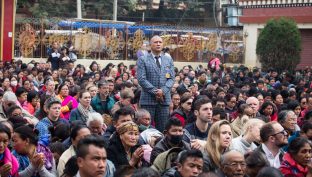 Thaye Dorje, His Holiness the 17th Gyalwa Karmapa, gives a Chenresig empowerment at Karma Temple, Bodh Gaya, India, December 2019. Photo / Norbu Zangpo