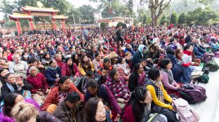 Thaye Dorje, His Holiness the 17th Gyalwa Karmapa, gives a Chenresig empowerment at Karma Temple, Bodh Gaya, India, December 2019. Photo / Norbu Zangpo