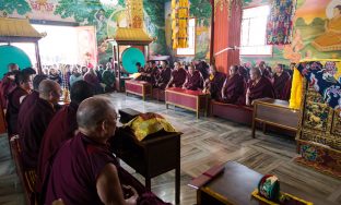 Thaye Dorje, His Holiness the 17th Gyalwa Karmapa, presides over a fire puja at His Eminence Beru Khyentse Rinpoche's guest house, India, December 2019. Photo / Norbu Zangpo