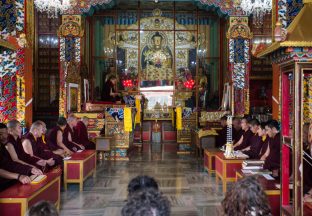 Thaye Dorje, His Holiness the 17th Gyalwa Karmapa, presides over a fire puja at His Eminence Beru Khyentse Rinpoche's guest house, India, December 2019. Photo / Norbu Zangpo