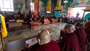 Thaye Dorje, His Holiness the 17th Gyalwa Karmapa, presides over a fire puja at His Eminence Beru Khyentse Rinpoche's guest house, India, December 2019. Photo / Norbu Zangpo