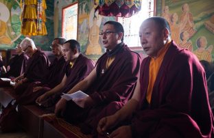 Thaye Dorje, His Holiness the 17th Gyalwa Karmapa, presides over a fire puja at His Eminence Beru Khyentse Rinpoche's guest house, India, December 2019. Photo / Norbu Zangpo