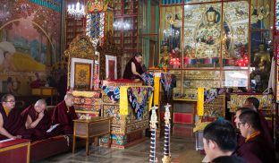 Thaye Dorje, His Holiness the 17th Gyalwa Karmapa, presides over a fire puja at His Eminence Beru Khyentse Rinpoche's guest house, India, December 2019. Photo / Norbu Zangpo