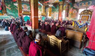 Thaye Dorje, His Holiness the 17th Gyalwa Karmapa, presides over a fire puja at His Eminence Beru Khyentse Rinpoche's guest house, India, December 2019. Photo / Norbu Zangpo