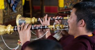 Thaye Dorje, His Holiness the 17th Gyalwa Karmapa, presides over a fire puja at His Eminence Beru Khyentse Rinpoche's guest house, India, December 2019. Photo / Norbu Zangpo