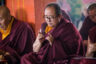 Thaye Dorje, His Holiness the 17th Gyalwa Karmapa, presides over a fire puja at His Eminence Beru Khyentse Rinpoche's guest house, India, December 2019. Photo / Norbu Zangpo