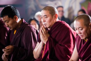 Thaye Dorje, His Holiness the 17th Gyalwa Karmapa, presides over a fire puja at His Eminence Beru Khyentse Rinpoche's guest house, India, December 2019. Photo / Norbu Zangpo