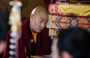 Thaye Dorje, His Holiness the 17th Gyalwa Karmapa, presides over a fire puja at His Eminence Beru Khyentse Rinpoche's guest house, India, December 2019. Photo / Norbu Zangpo