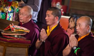 Thaye Dorje, His Holiness the 17th Gyalwa Karmapa, presides over a fire puja at His Eminence Beru Khyentse Rinpoche's guest house, India, December 2019. Photo / Norbu Zangpo