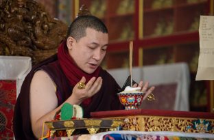 Thaye Dorje, His Holiness the 17th Gyalwa Karmapa, presides over a fire puja at His Eminence Beru Khyentse Rinpoche's guest house, India, December 2019. Photo / Norbu Zangpo
