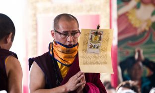 Thaye Dorje, His Holiness the 17th Gyalwa Karmapa, presides over a fire puja at His Eminence Beru Khyentse Rinpoche's guest house, India, December 2019. Photo / Norbu Zangpo