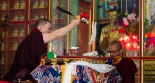 Thaye Dorje, His Holiness the 17th Gyalwa Karmapa, presides over a fire puja at His Eminence Beru Khyentse Rinpoche's guest house, India, December 2019. Photo / Norbu Zangpo