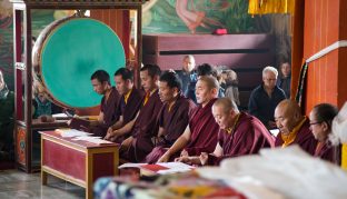 Thaye Dorje, His Holiness the 17th Gyalwa Karmapa, presides over a fire puja at His Eminence Beru Khyentse Rinpoche's guest house, India, December 2019. Photo / Norbu Zangpo