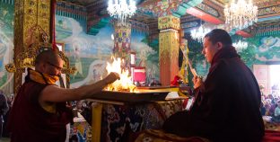 Thaye Dorje, His Holiness the 17th Gyalwa Karmapa, presides over a fire puja at His Eminence Beru Khyentse Rinpoche's guest house, India, December 2019. Photo / Norbu Zangpo