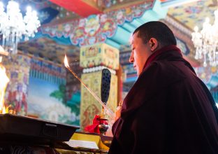 Thaye Dorje, His Holiness the 17th Gyalwa Karmapa, presides over a fire puja at His Eminence Beru Khyentse Rinpoche's guest house, India, December 2019. Photo / Norbu Zangpo