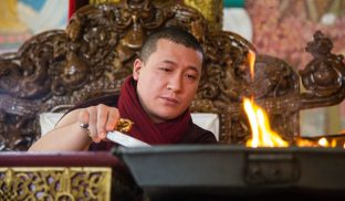 Thaye Dorje, His Holiness the 17th Gyalwa Karmapa, presides over a fire puja at His Eminence Beru Khyentse Rinpoche's guest house, India, December 2019. Photo / Norbu Zangpo