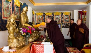 Thaye Dorje, His Holiness the 17th Gyalwa Karmapa, presides over a fire puja at His Eminence Beru Khyentse Rinpoche's guest house, India, December 2019. Photo / Norbu Zangpo